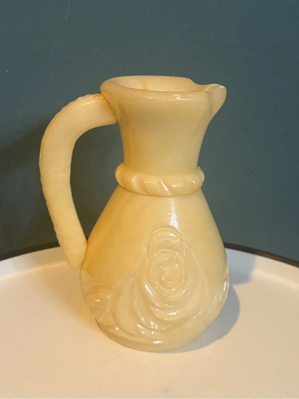 Yellow Alabaster / Onyx? Stone Pitcher / Cruet Missing Stopper, Carved